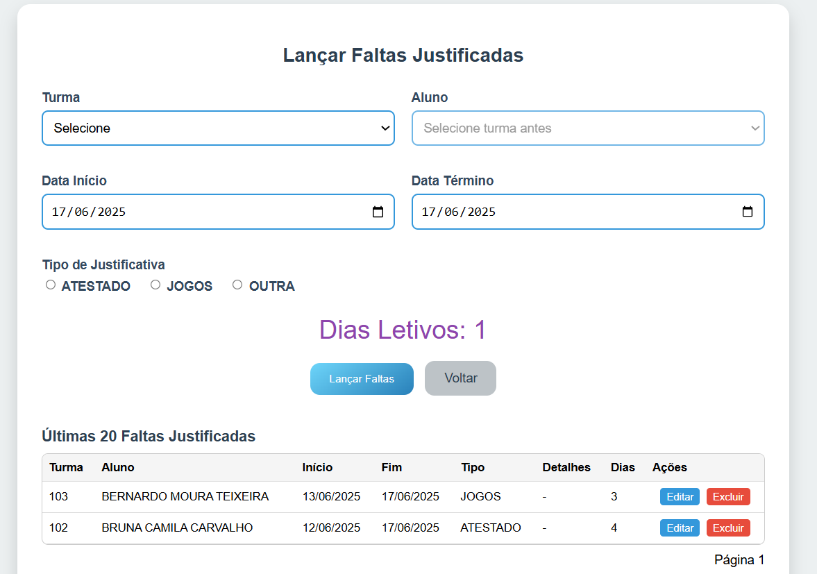 Tela de lançamento, edição e exclusão de faltas justificadas