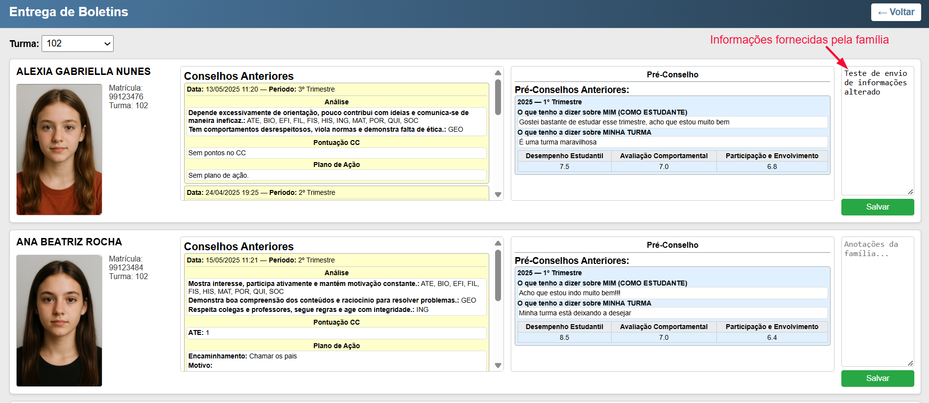 Tela de Entrega de Boletins